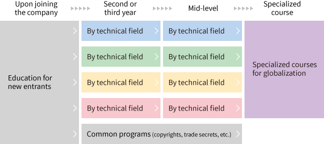 Map of intellectual property education programs offered for employee experience levels (ranging from new entrants, employees in the second or third year after joining the company, and mid-level employees), which are also classified by technical field