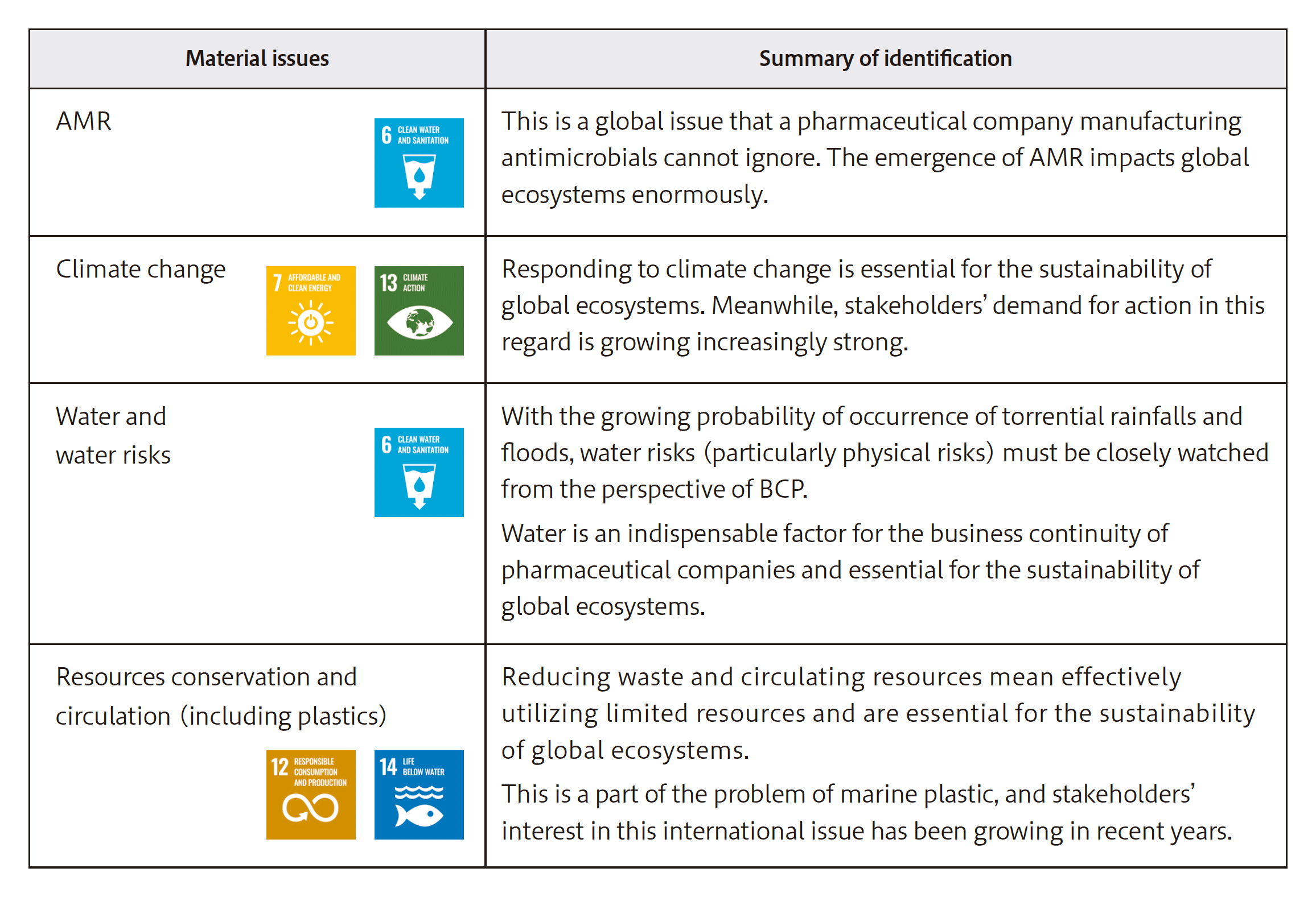 Summary of identification of environmental materiality