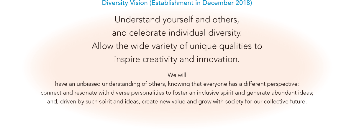 [Diversity Vision (Establishment in December 2018)] Understand yourself and others, and celebrate individual diversity. Allow the wide variety of unique qualities to inspire creativity and innovation. We will have an unbiased understanding of others, knowing that everyone has a different perspective; connect and resonate with diverse personalities to foster an inclusive spirit and generate abundant ideas; and, driven by such spirit and ideas, create new value and grow with society for our collective future.