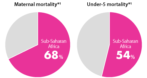 Maternal mortality*1.  Sub-Saharan Africa: 68%. Under-5 deaths*1. Sub-Saharan Africa: 54％.
