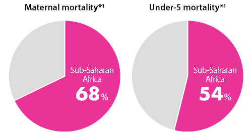 Maternal mortality*1. Sub-Saharan Africa: 68%. Under-5 deaths*1. Sub-Saharan Africa: 54%.