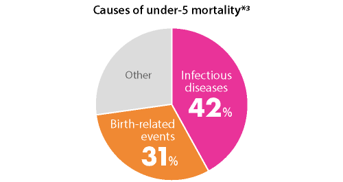 Causes of under-5 mortality*3. Infectious diseases: 42%. Birth-related events: 31%. Other