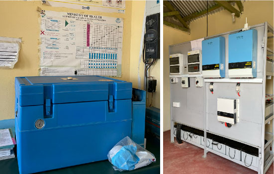 Left: Refrigerator powered by electricity generated by the solar panels / Right: Inside the energy storage building where the batteries and panels are installed