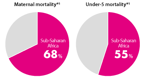 Maternal mortality*1. Sub-Saharan Africa: 68%. Under-5 deaths*1. Sub-Saharan Africa: 55%.