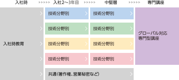 入社時・入社２～３年目・中堅層・専門という階層別にし、かつ、各技術分野ごとに分けている、知財教育講座のマップ