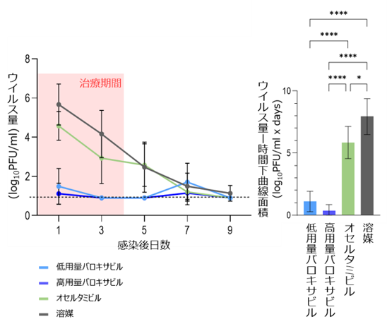 図2　高病原性鳥インフルエンザA(H7N9)ウイルス感染サルにおける バロキサビル投与後の鼻腔内ウイルス量