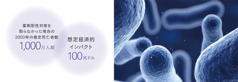 薬剤耐性対策を取らなかった場合の2050年の推定死亡者数: 1,000万人超／想定経済的インパクト: 100兆ドル