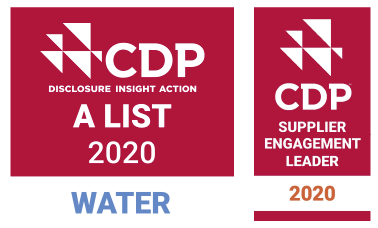 CDPウォーターセキュリティ2020のAリストのロゴマークです。 CDPサプライヤー・エンゲージメント・リーダーのロゴマークです。
