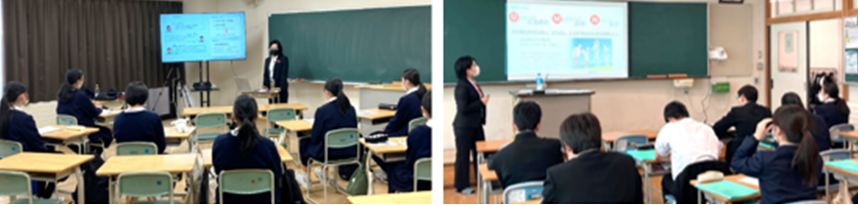 Pictures of the local corporate career guidance session by employees of UMN Pharma Inc. Akita Plant