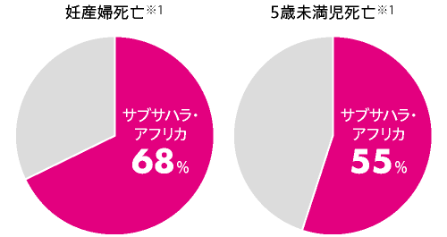 妊産婦死亡、サブサハラ・アフリカ：68%。5歳未満児死亡、サブサハラ・アフリカ：54%