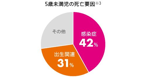 5歳未満児の死亡要因、感染症：42%、出生関連：31%、その他：27%