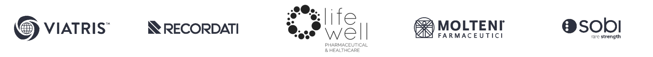 Viatris logo, Recordati logo, Life well logo, Molteni logo